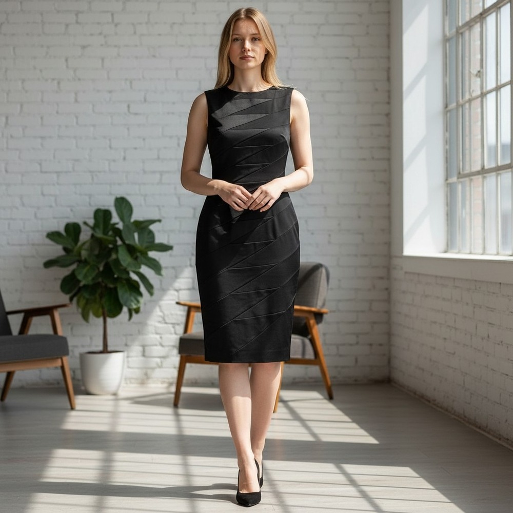 Karen Millen Black‎ Origami Pleated Wool Blend Sheath Dress Size US 8 DB190